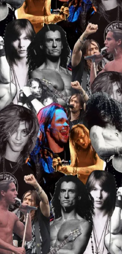 Collage of classic rock stars performing with guitars and expressive poses.