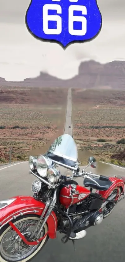 Vintage motorcycle on Route 66 with desert background.