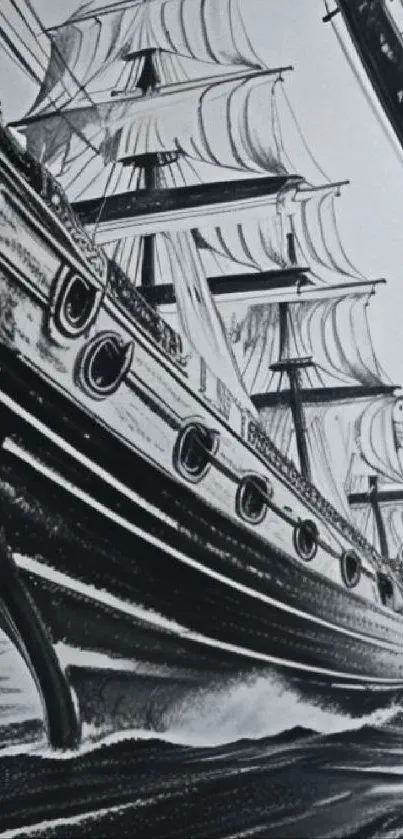 Monochrome artwork of a sailing ship on the ocean.