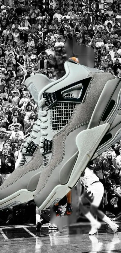 Iconic sneakers with a cheering crowd background.