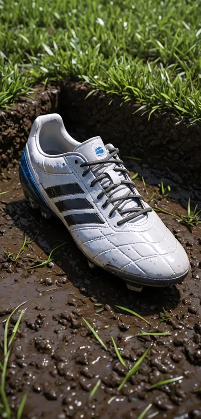 Classic soccer boot on muddy field with green grass background.