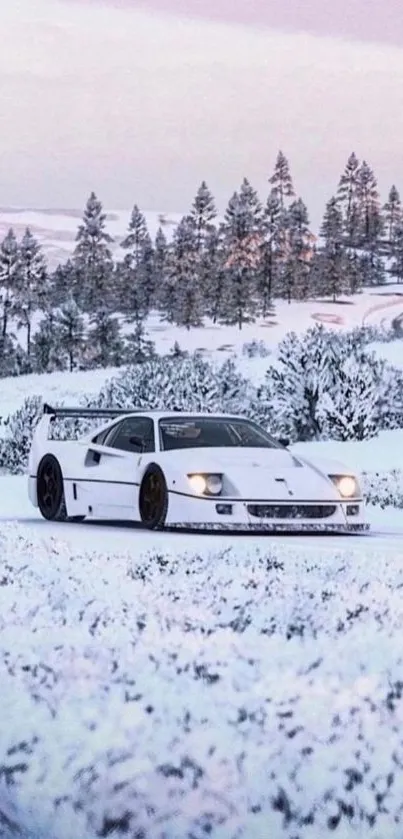 Classic sports car in snowy landscape with trees.