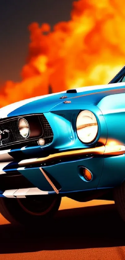 Blue classic sports car with fiery backdrop.