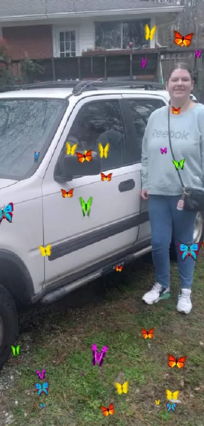 Woman smiling next to a white SUV in a suburban setting.