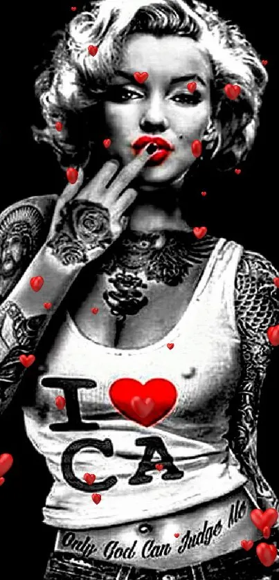 Classic tattoo icon in black and white with red lips and heart on mobile wallpaper.