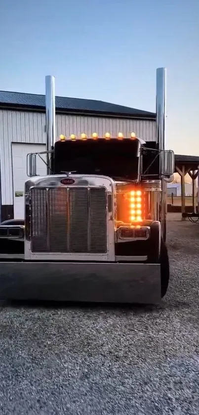 Classic black truck parked outside a garage in the evening glow.