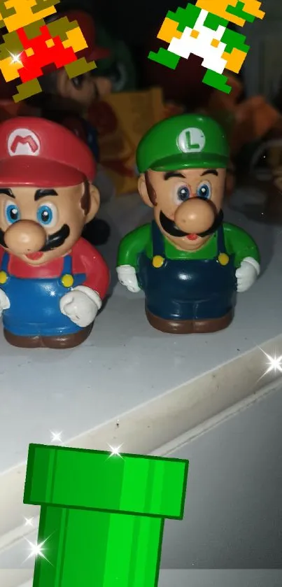 Mario and Luigi figurines with pixel art.