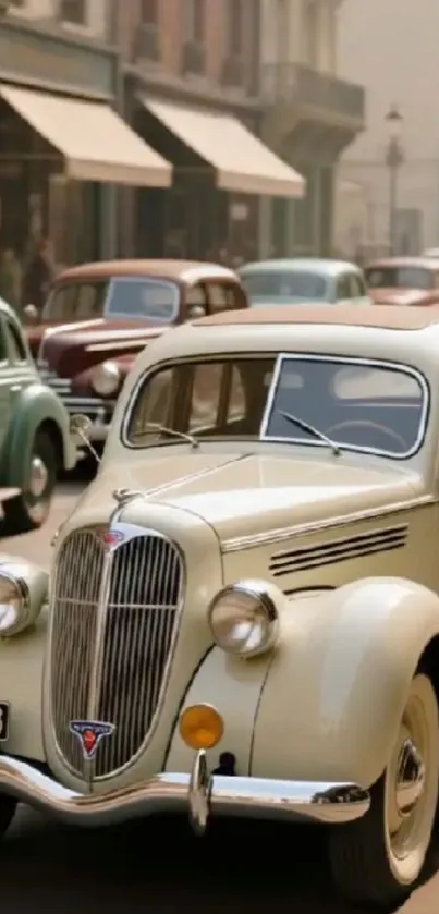 Vintage car on busy city street, classic scene.