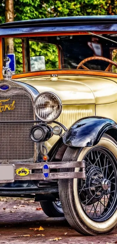 Vintage Ford car in pristine condition with beige and black colors.