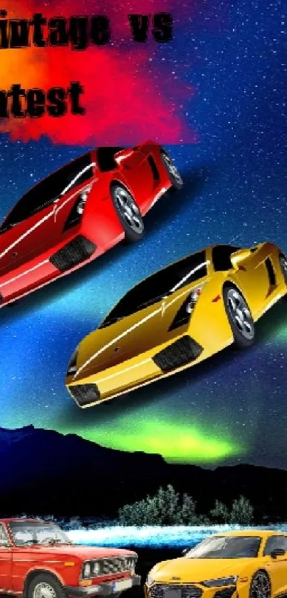 Vintage and modern cars under aurora night sky.