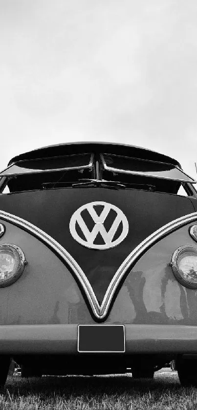 Black and white vintage VW van on grass field.