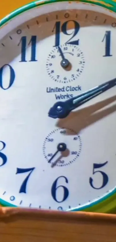 Vintage wall clock showing time past twelve.