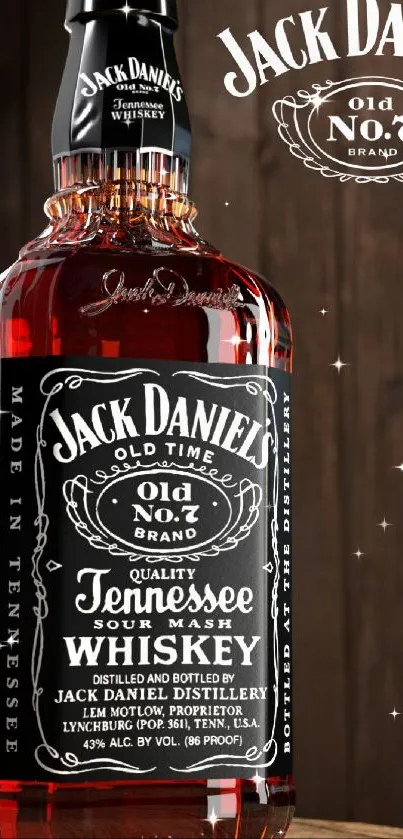 Jack Daniel's whiskey bottle with classic label on a wooden background.