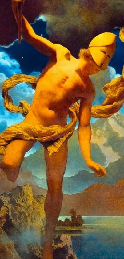 Classical art wallpaper with mythological figure and dramatic sky.