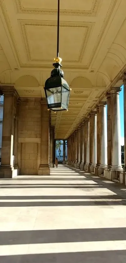 Elegant classical corridor with columns and lantern.