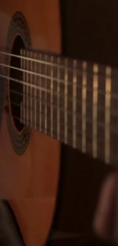 Close-up of classical guitar strings with wooden body.