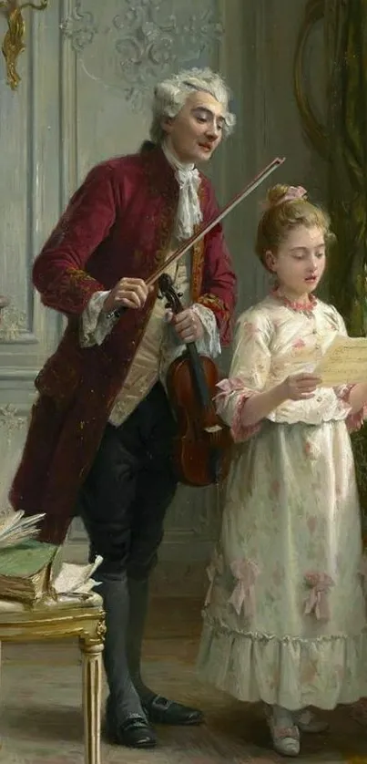 Classical music wallpaper with violinist and young girl in vintage setting.