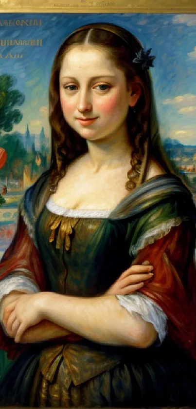 Elegant woman in classical portrait with scenic background.