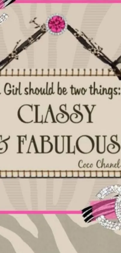 Coco Chanel classy and fabulous quote on elegant wallpaper with pink accents.