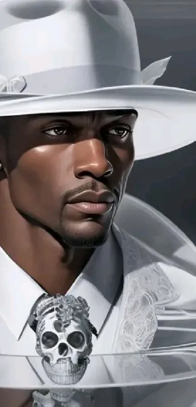 Elegant gentleman in a white hat with stylish skull accent.