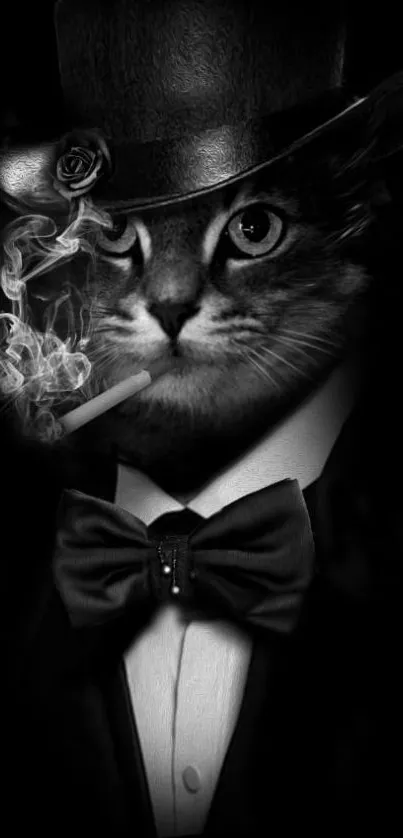 Cat in tuxedo with hat smoking elegantly.