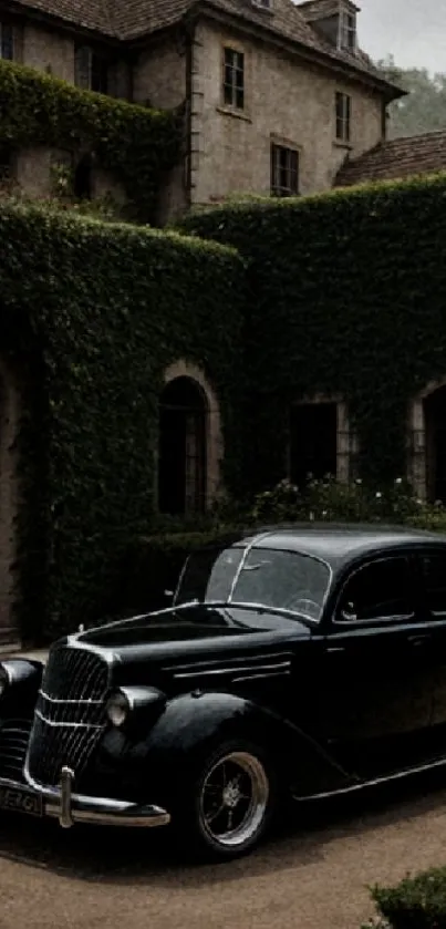 Vintage black car parked by an ivy-covered mansion.