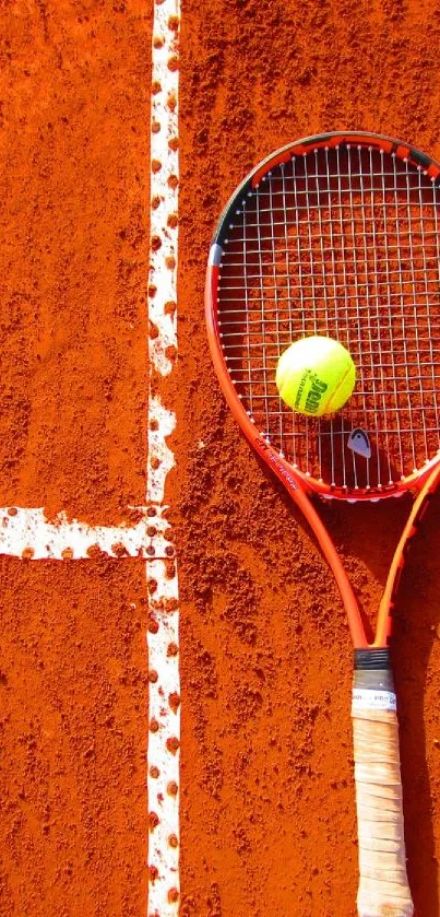 Vibrant clay tennis court with racket and ball on a mobile wallpaper.