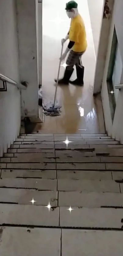 Person mopping stairs with sparkles and white tones.