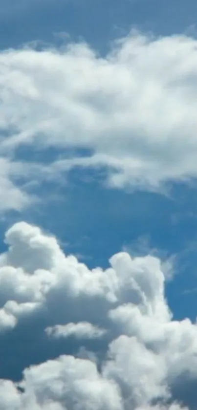 Fluffy white clouds in a clear blue sky mobile wallpaper.