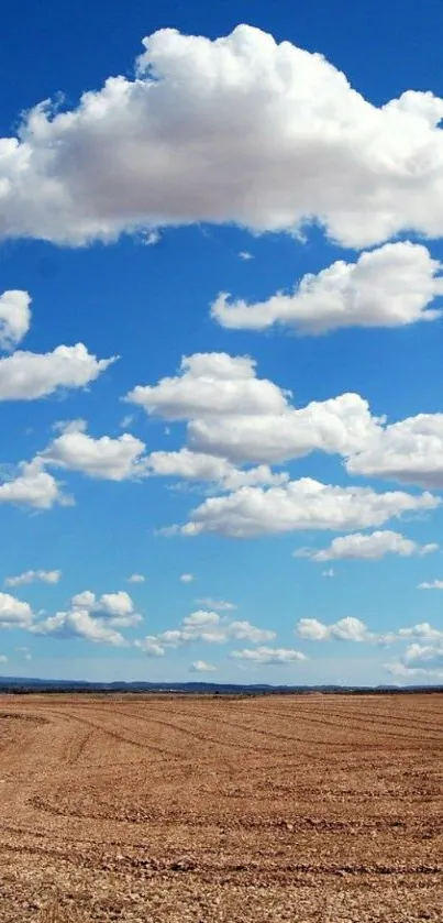 Blue sky with fluffy clouds over a field wallpaper.