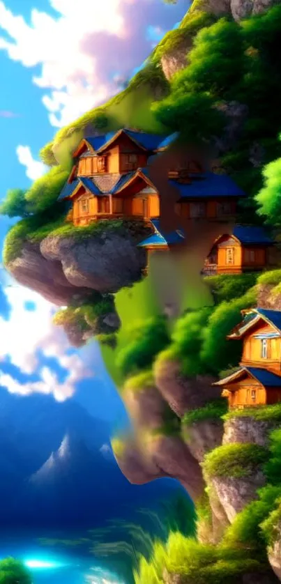 Fantasy cliffside cottages with lush greenery and a bright blue sky.