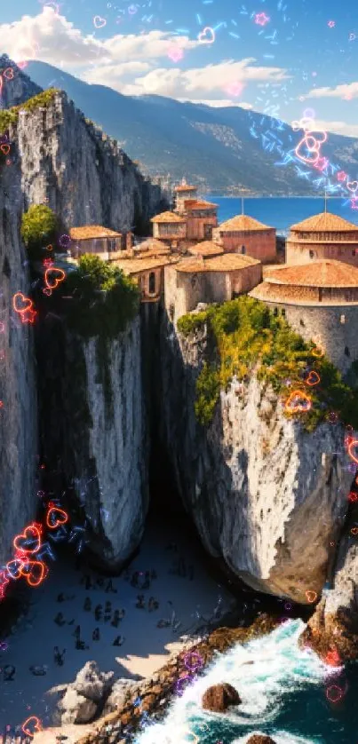 Scenic view of a monastery perched on a cliff above the ocean.