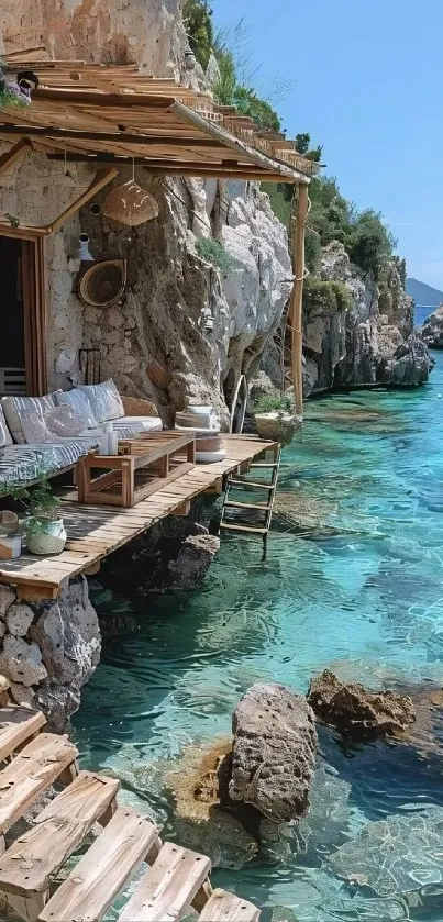 Cliffside deck overlooking clear turquoise waters with rocky shore.