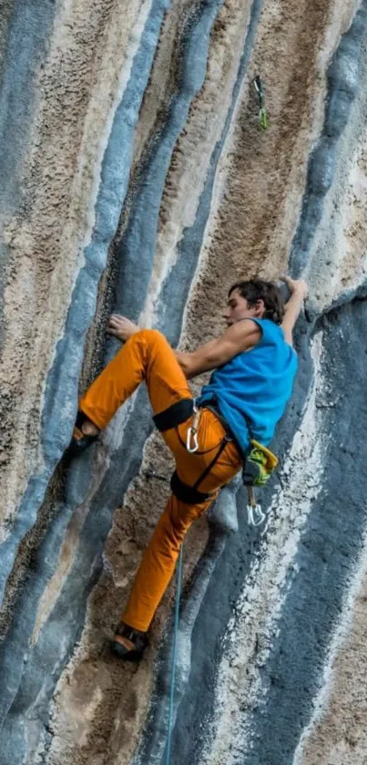 Daring climber scales rugged rock face.