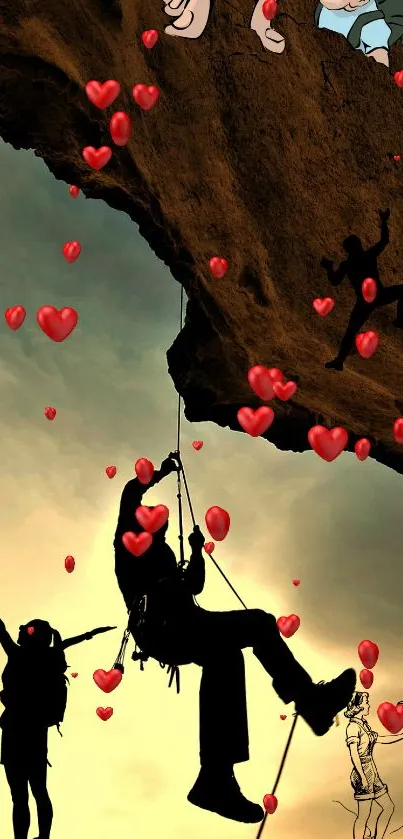 Silhouetted climbers on a cliff with floating heart shapes.