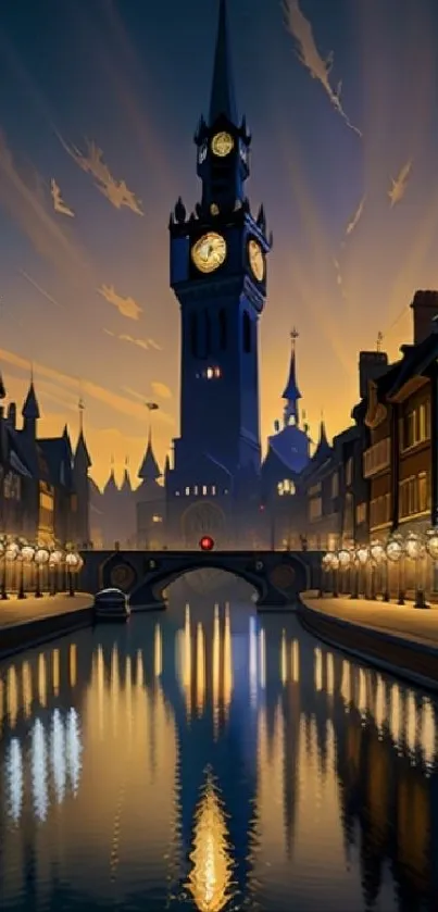 A scenic night view of a city with a clock tower, reflecting in a canal.