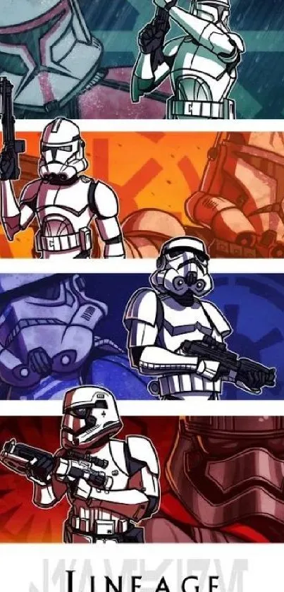 Clone Troopers lined up in vivid colors on wallpaper.