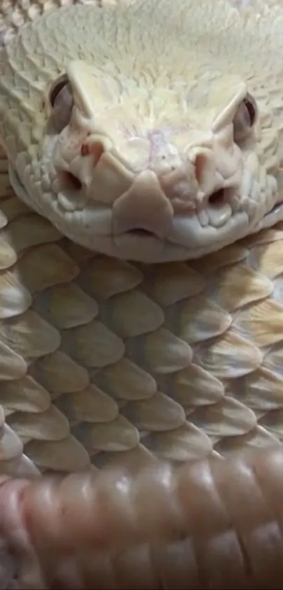 Close-up of an albino snake with intricate scales and piercing eyes.