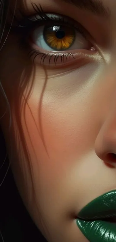 Artistic close-up portrait with green lips and detailed features.