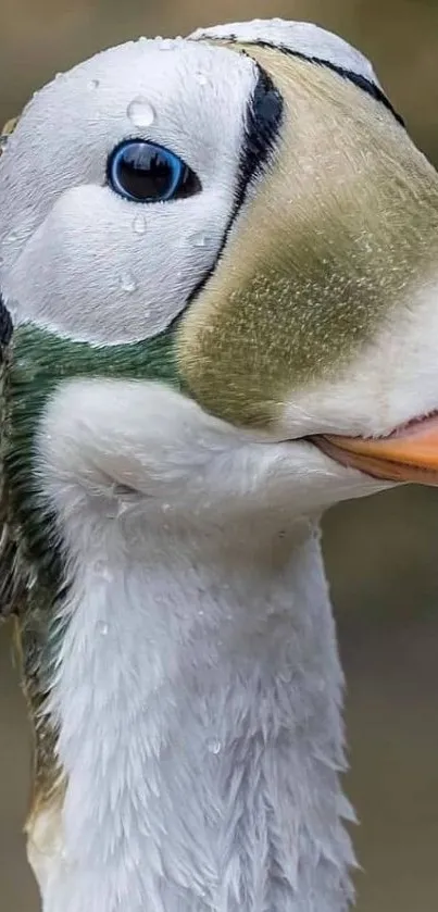 Close-up of a bird with water droplets on plumage.