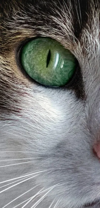 Close-up of a cat's green eye, showing detailed fur and vibrant color.