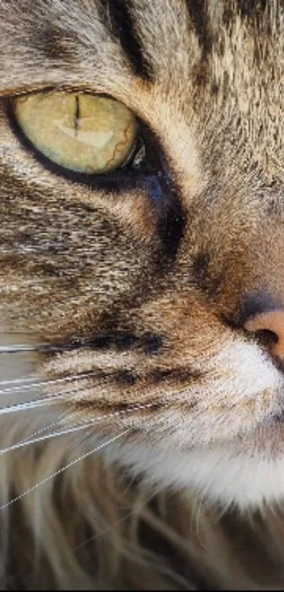 Close-up of a cat's face with striking eyes and detailed fur on a mobile wallpaper.