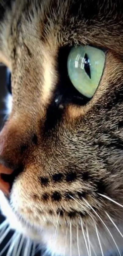 Close-up image of a cat's side profile with green eyes and detailed whiskers.