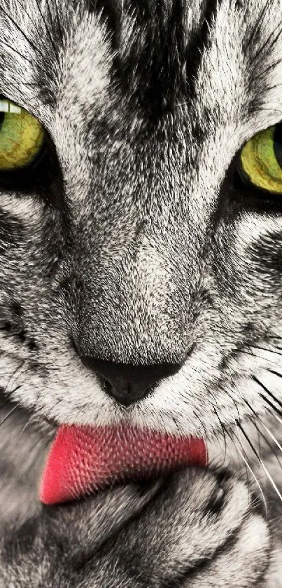 Gray cat with green eyes licking its paw, close-up mobile wallpaper.