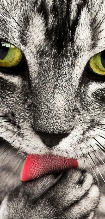 Close-up of a cat licking its paw in grayscale with striking green eyes.