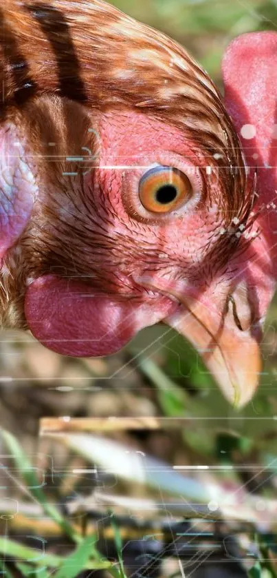 Close-up of a chicken with vibrant feathers and natural background.