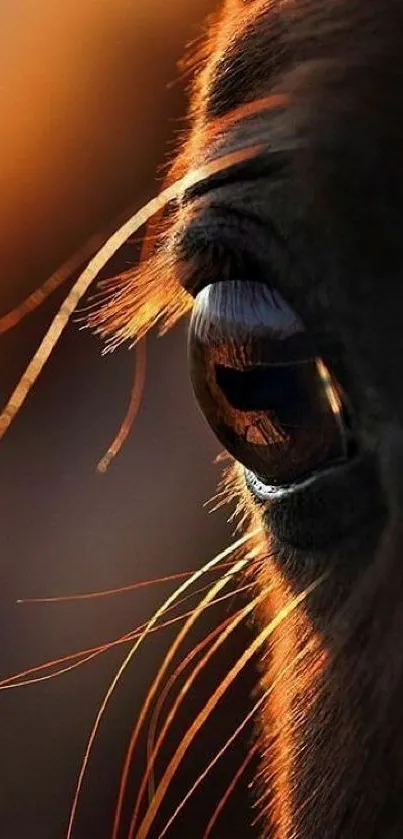 Close-up of a horse's eye reflecting sunlight.