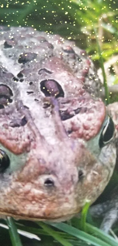 Close-up image of a colorful frog in lush green grass.