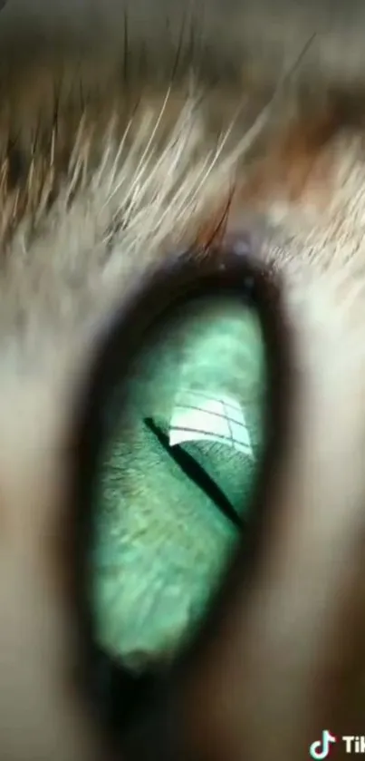 Close-up of a cat's green eye with detailed texture.