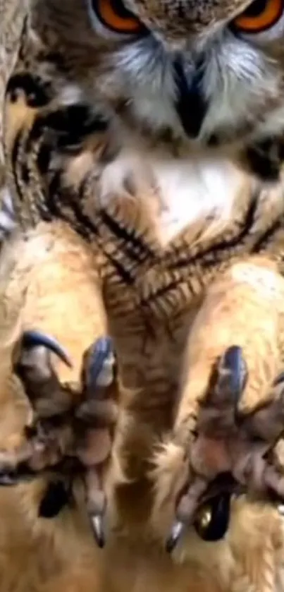 Close-up of a majestic owl with striking brown and amber details.